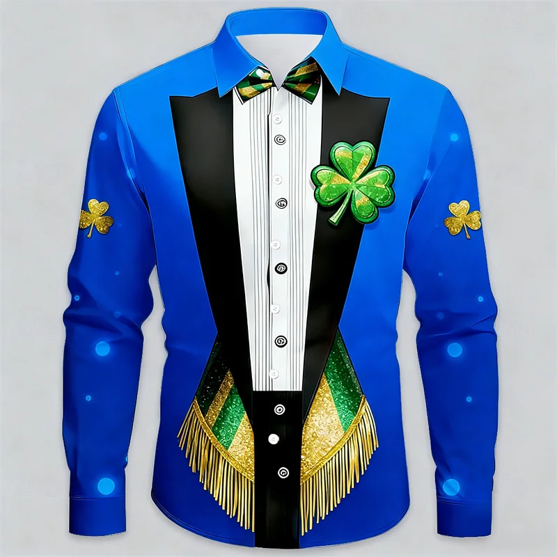 New 10 Color Men's Top with 3D Clover Print Long Sleeved Shirt, Fashionable and Casual, High-Quality Snowflake Top