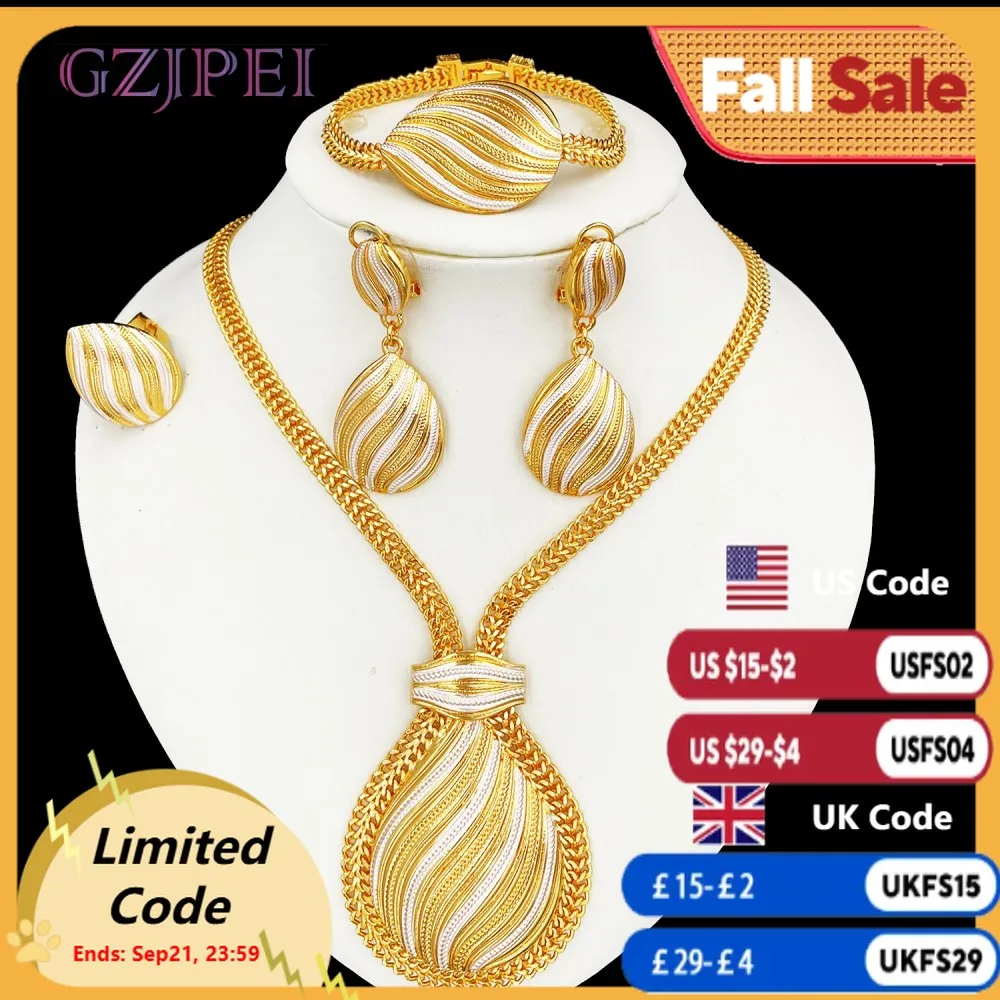 

GZJPEI Two Tone Jewelry Set Gold Plated Big Pendant Necklace Bracelet Water Drop Earring Ring For Women Wedding Gifts 2025 New