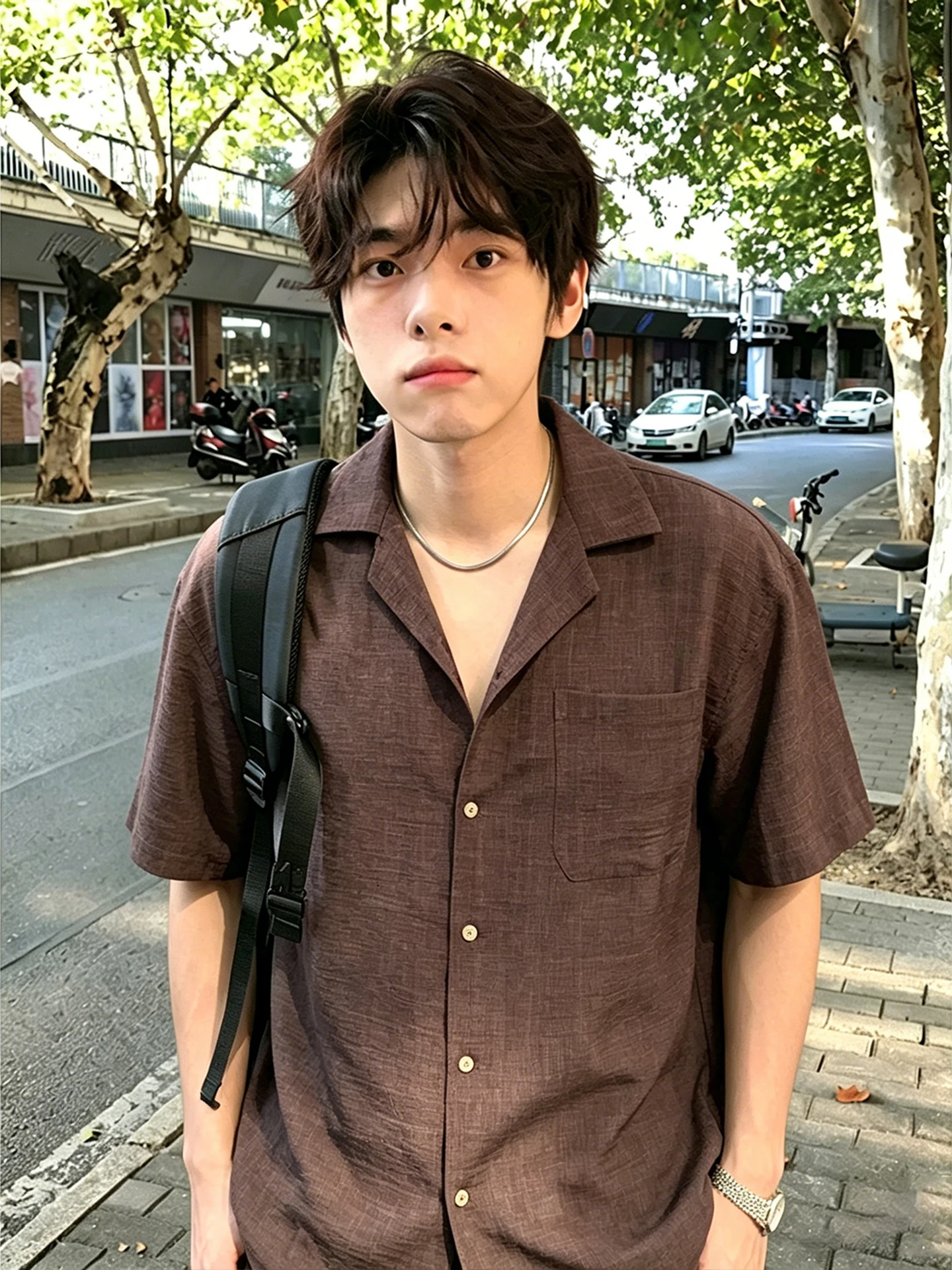 Lightweight Breathable Men's Short Sleeve Shirt Brown Linen Style Summer Casual Loose Fit Sun Protection Outerwear Cuban Collar