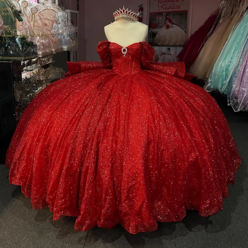 

Красное блестящее платье Quinceanera с открытыми плечами и бусинами с бантом, тюлевое платье для вечеринки, дня рождения, сладкое платье 16, Vestidos De 15 Anos