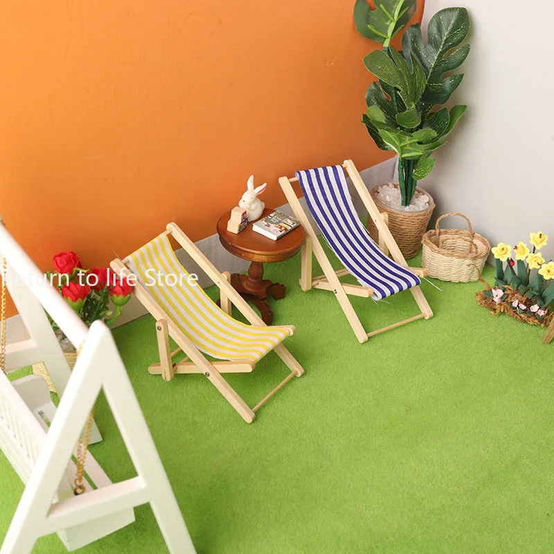 1:12 Mini sedia da spiaggia in legno Miniature Arredamento scena domestica Mobili emulativi Modello Casa delle bambole Decorazione della casa Casa da gioco