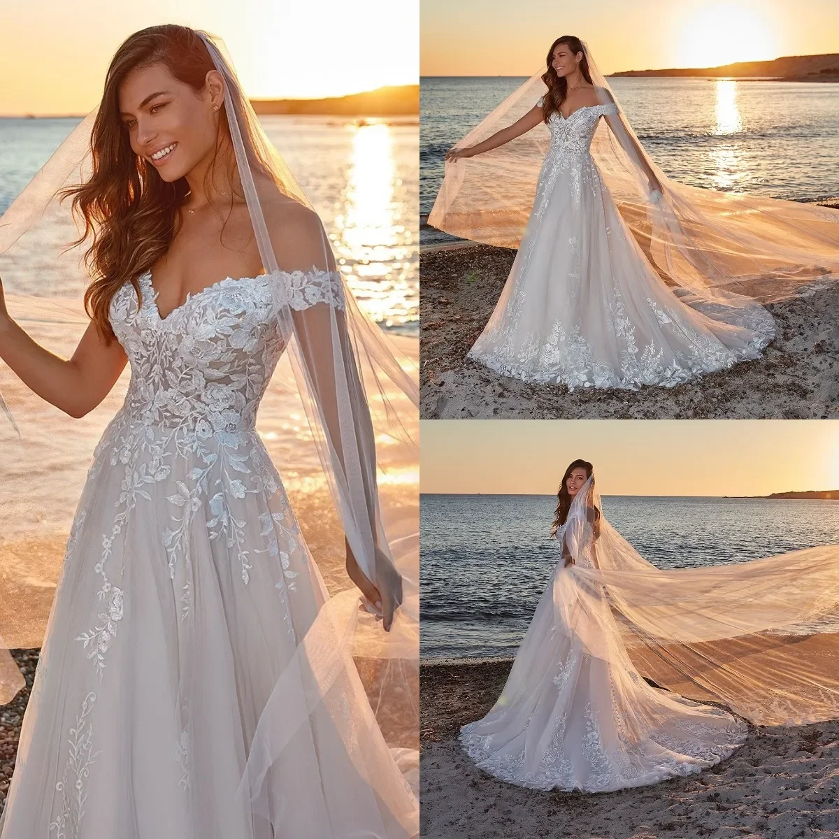 Vestido de novia de línea a de lujo, traje Sexy con hombros descubiertos, Apliques de encaje, estilo bohemio, para playa y jardín, 2024