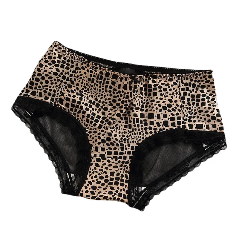 Ice Silk Leopard Pattern Sexy Women\'s Underwear Transparent High Waist Cotton Crotch Traceless Panties Bow Mesh Briefs Lingerie