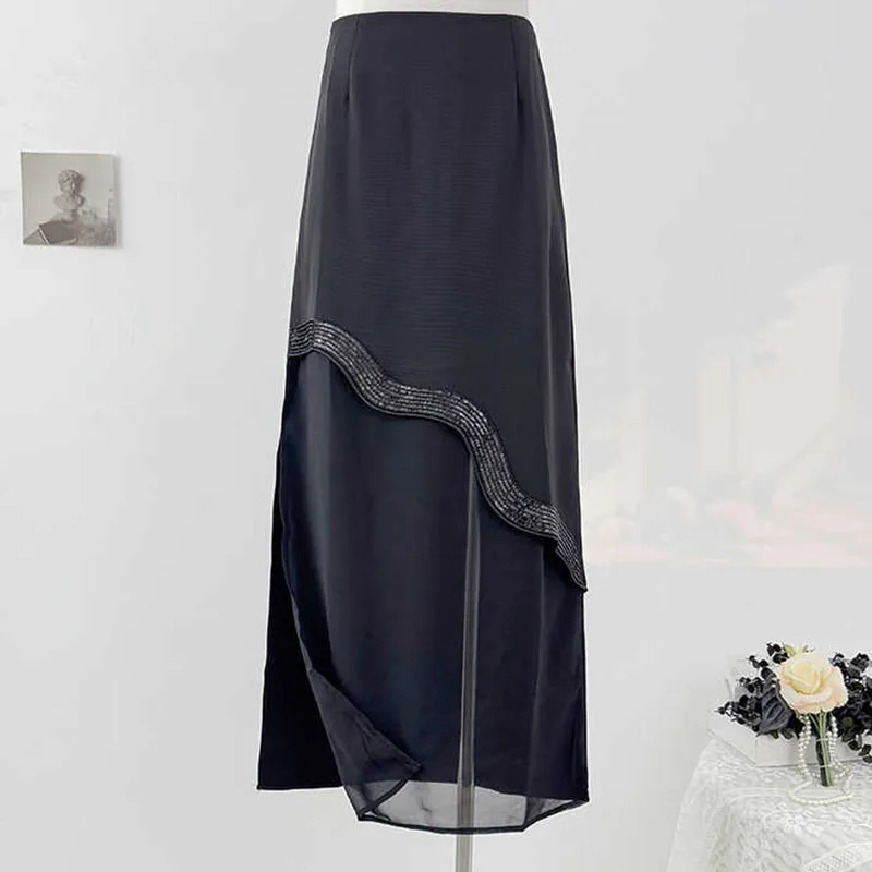 

French Heavy Industry Sequins Skirt For Women Irregular Summer High Waist Slimming Long Skirts Black A-line Split Hip Wrap Skirt