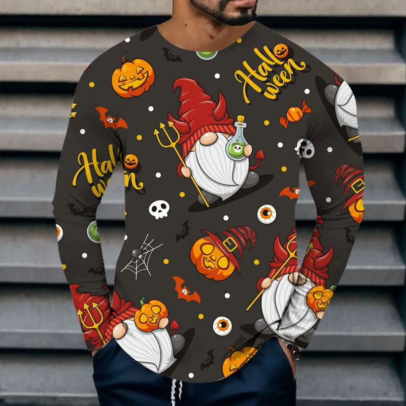 Men Long Sleeve T‑Shirt Halloween Gnome Ghost Pumpkin Bat Castle 3D Print Party Casual Streetwear Top