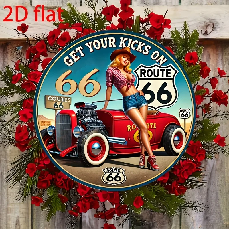 2D Flat – Vintage Route 66 Aluminium-Wandschild – 20,3 x 20,3 cm großes Retro-Metalldekor mit klassischem Auto- und rotem Rosen-Design, perfekt für Zuhause