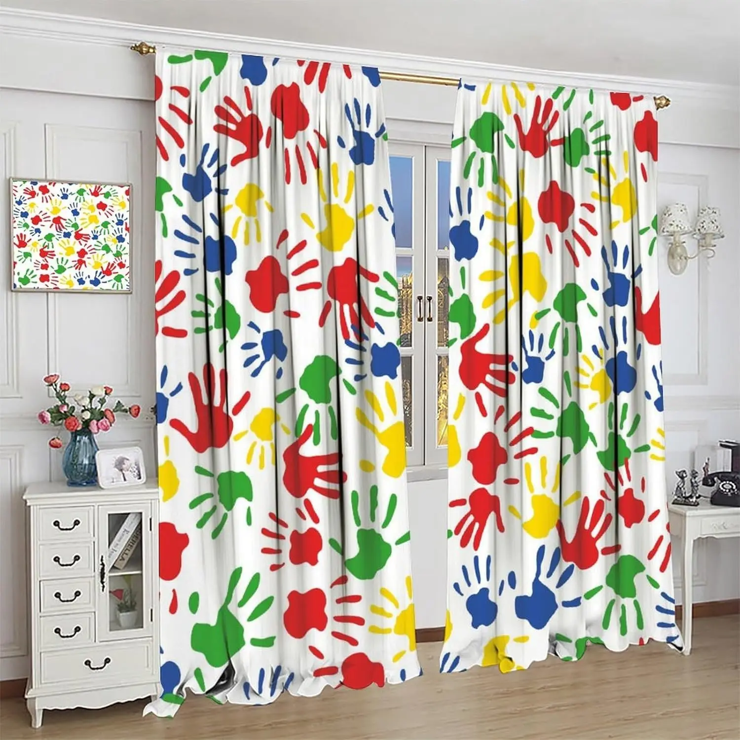 

Красочные шторы с отпечатками рук, красочные ладони в форме ладони, радужный узор с принтом, оконные украшения для мальчиков и девочек