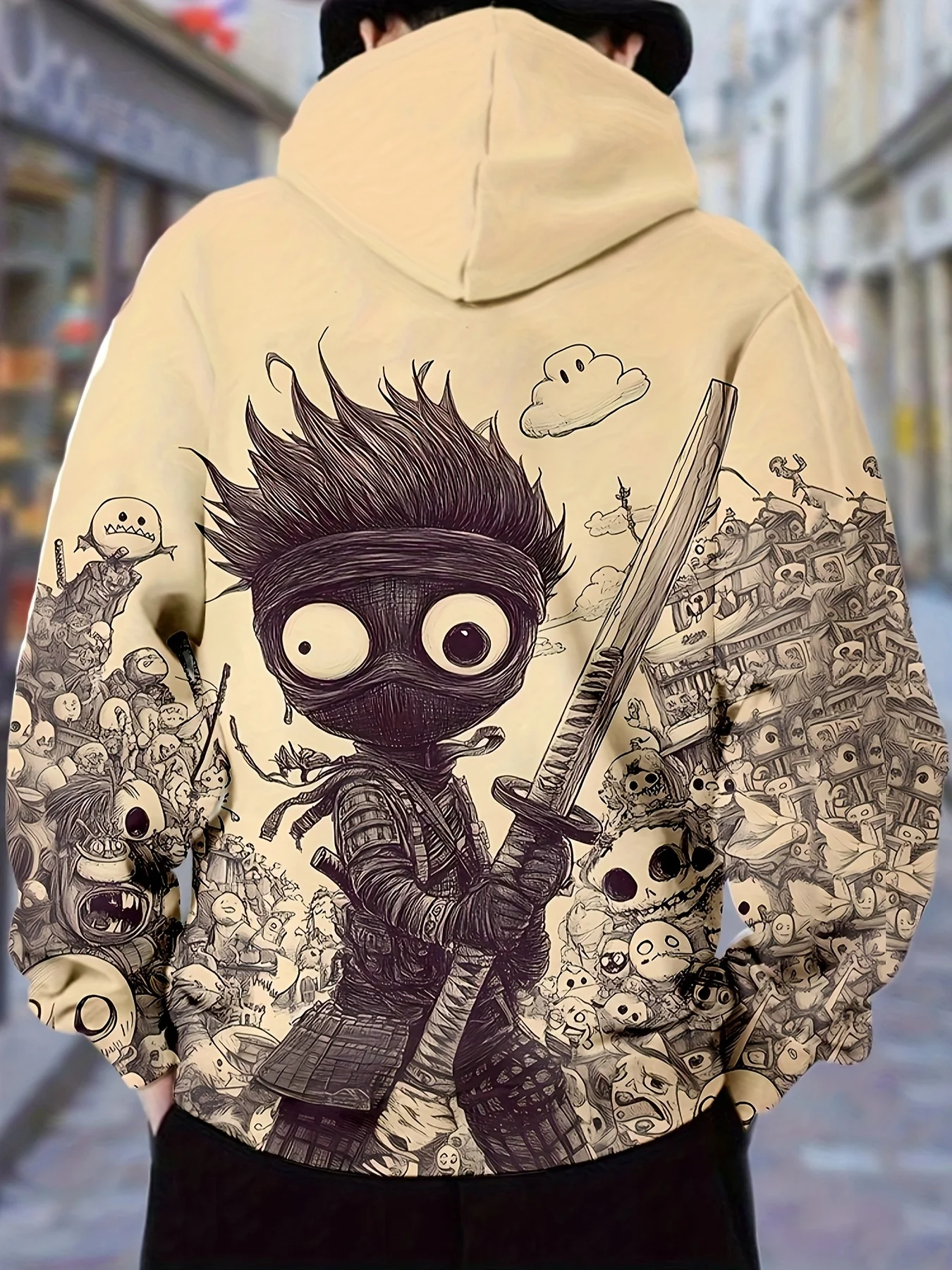 سويت شيرت بغطاء للرأس مطبوع عليه Streetwear Ninja Samurai للرجال، سترة متعددة الاستخدامات بأكمام طويلة لفصل الربيع/الخريف، كاجوال مريح