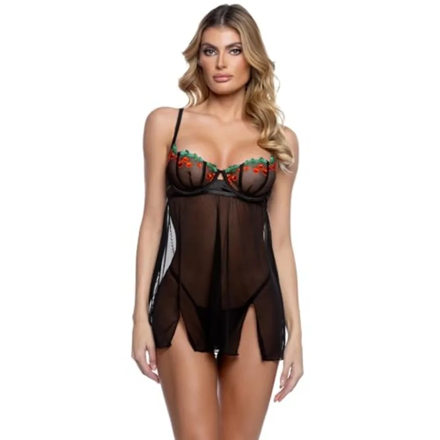 

Roma Confidential Sexy Baby Doll Set Cherry Delight Lingerie Dress, Chemise, Negligee: Balconette Cups and Split Front Skirt