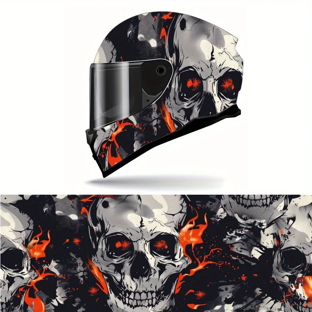 

Trendy Skull with Fiery Accents Full Face Helmet Vinyl Wrap Sticker, Waterproof Scratch-Resistant Self-Adhesive PVC Decals, Arti