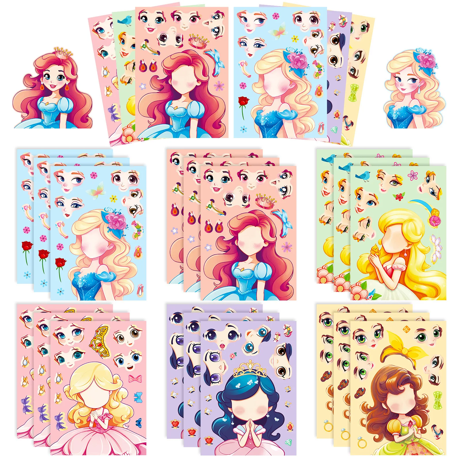 6Sheets Children DIY Puzzle Sticker Games 6 Princess Make A Face Funny Assemble Jigsaw Stickers Kids Educational Toys