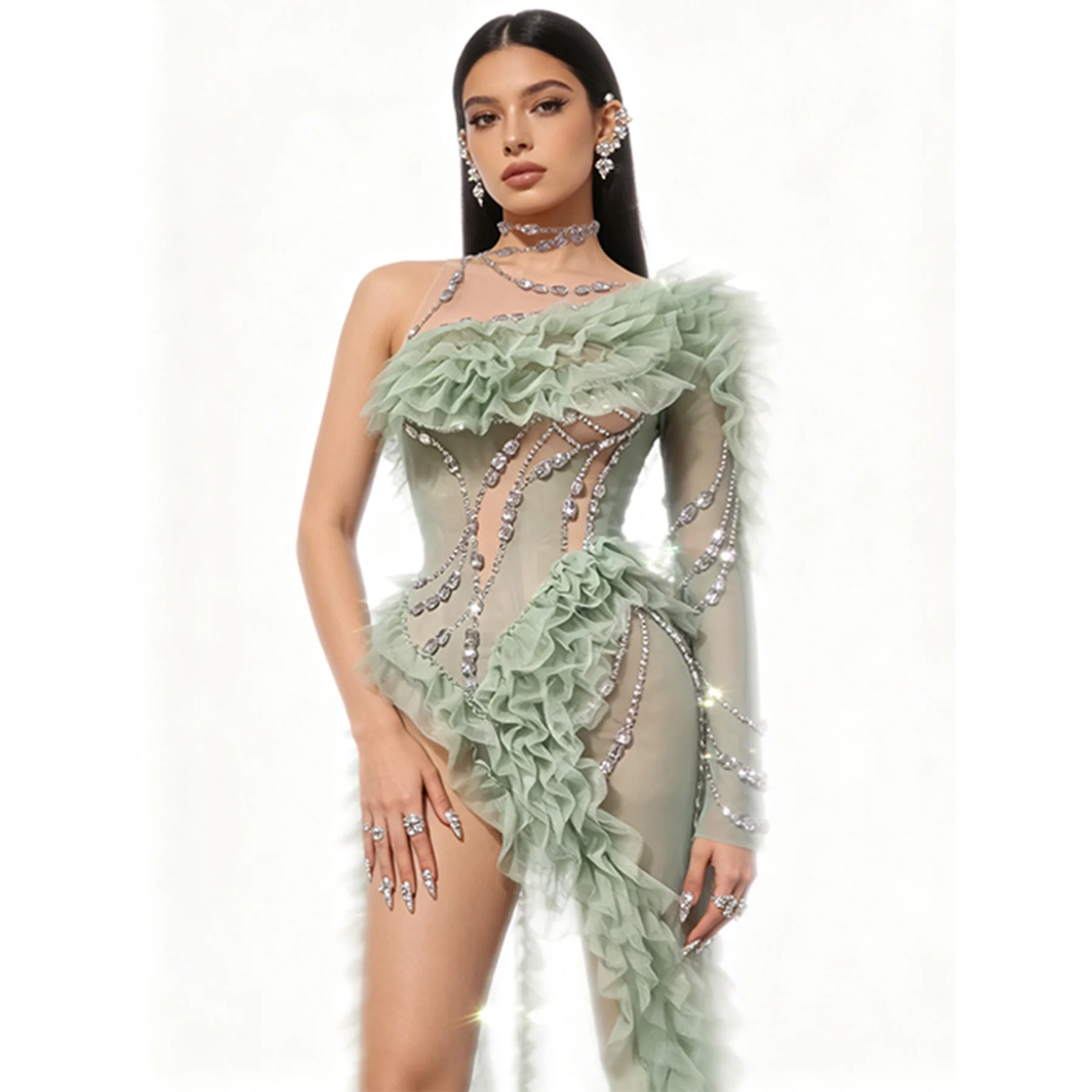 Youyu Women Mint Green One Long Sleeve Ruffle Sheer Mesh Rhinestone Asymmetric High Slit Evening Gown