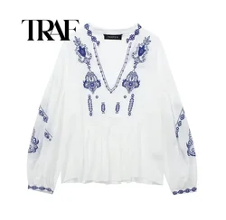 TRAF 2024 Spring Summer Casual Embroidery Women Shirts Fashion Vintage Floral Beading V Neck Pullover Ladies Loose Shirts