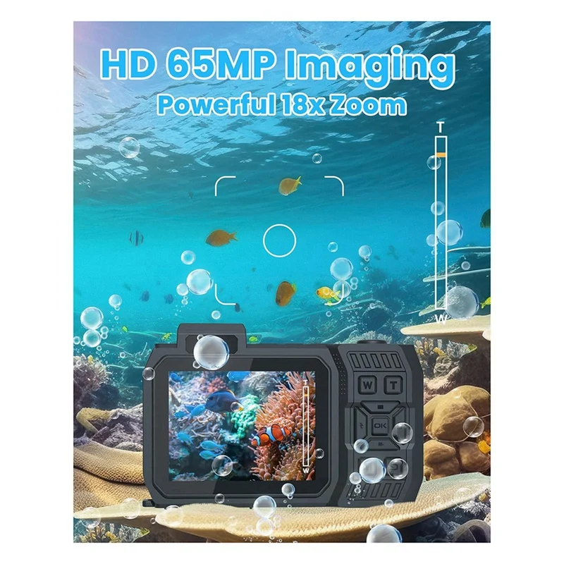 ABAC-Waterproof Camera 4K 65MP Underwater Camera With 64G Card, For Snorkeling Autofocus Selfie Dual-Screen