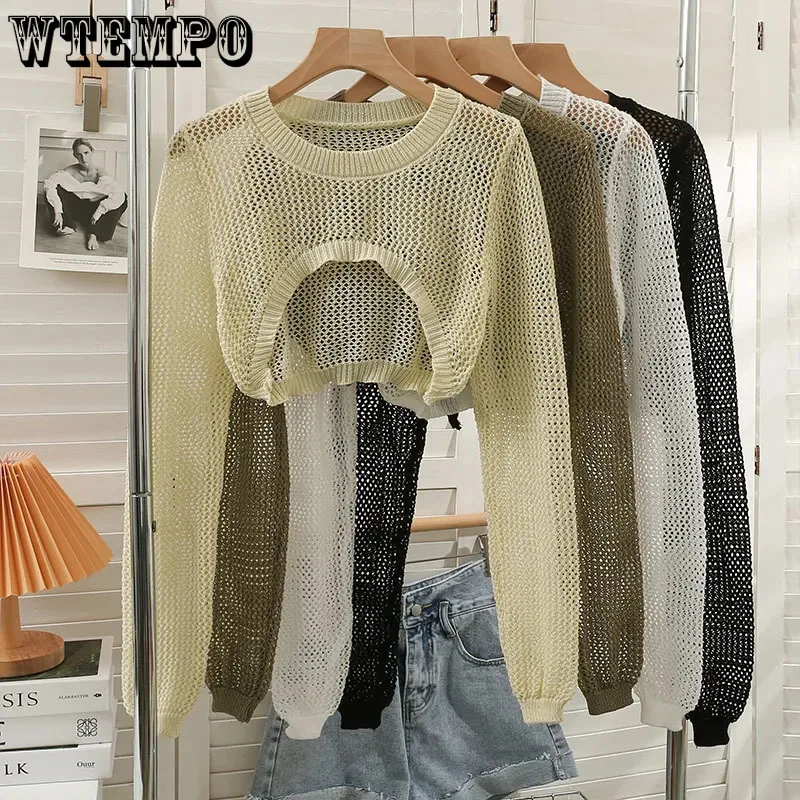 Hollow Thin Long-sleeved Shirt Women\'s Summer and Autumn Round Neck Short Knitted Blouse Drop Shipping Wholesale Pullovers Tops