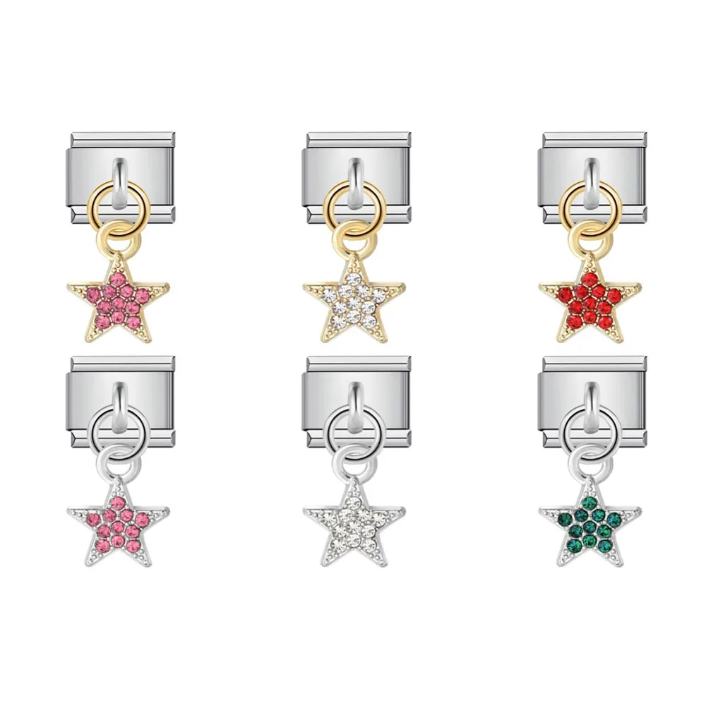 URING Simplicity and originality Inlaid Zirconia Star Pendant Italian Charm Link Fit 9mm Stainless Steel Bracelet DIY Jewelry