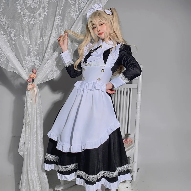 

Japanese Kawaii Lace Waitress Coffee Maid Uniform British Aristocracy Cosplay Costumes Women Plus Size Long Sleeve Maid Dress