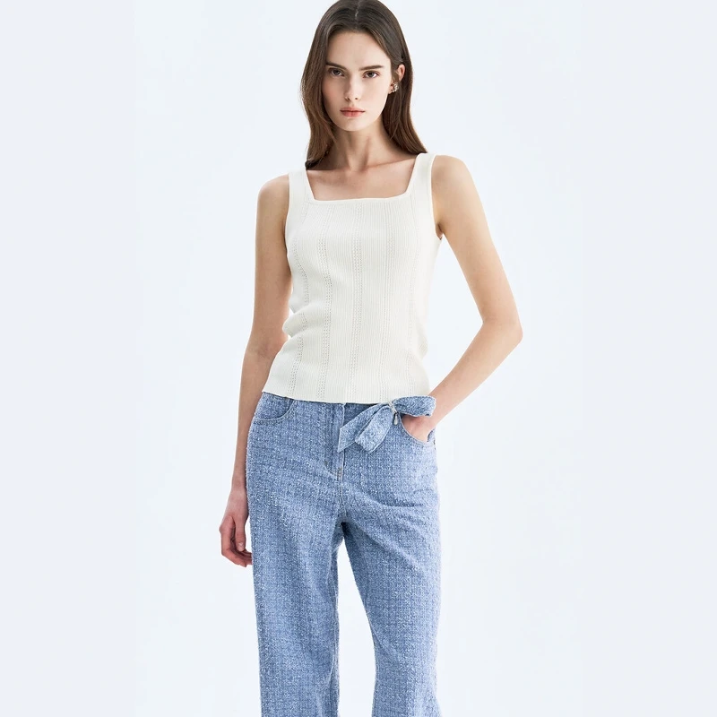 

Versatile Knitted Vest Elastic Commute Base Shirt Front Back Wear Spring Summer Women's Slim Fit Wool Blend Knit Top