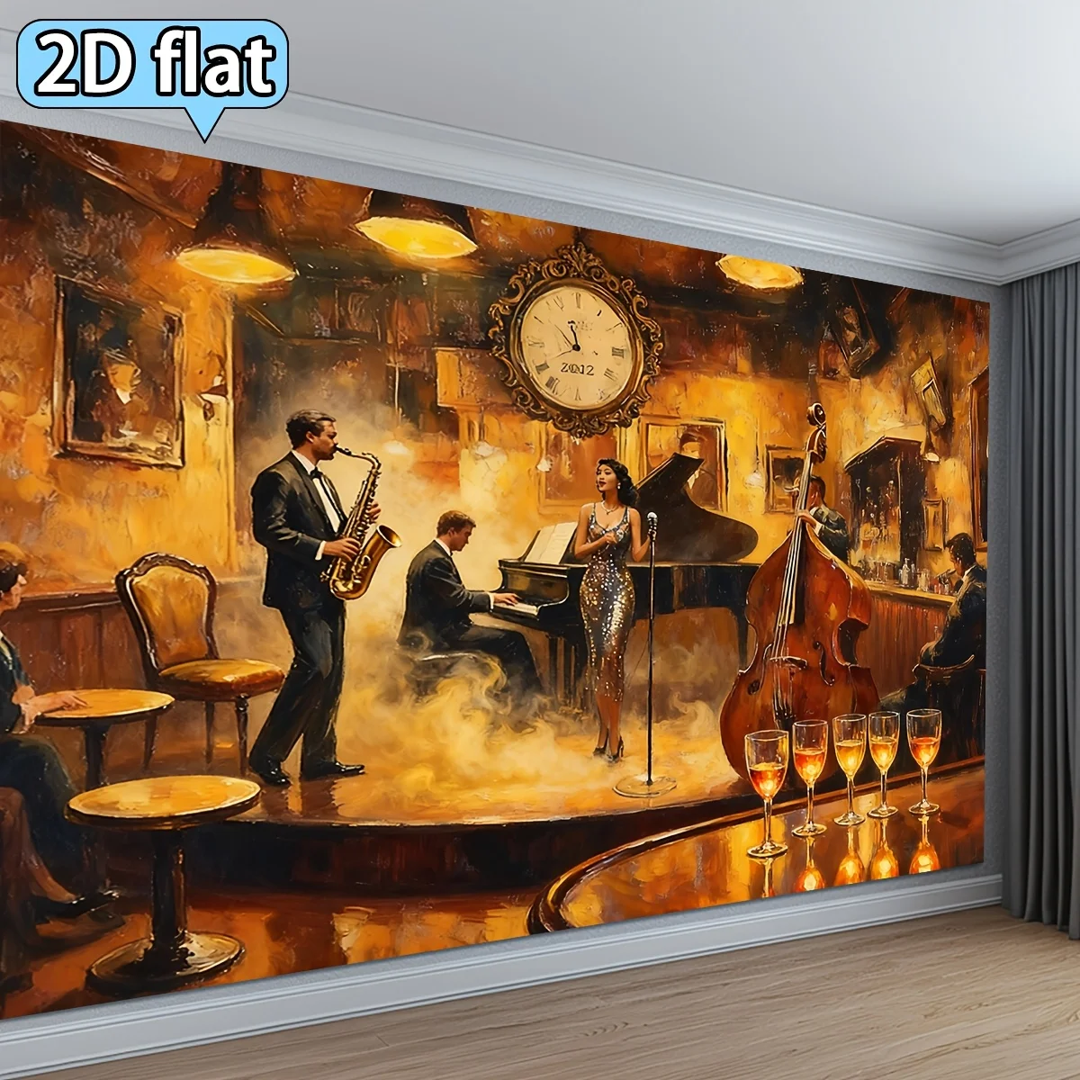 Jazz Band Saxophone Piano Singer Bar Tapestry 2D Flat Vintage Music Art Wall Hanging for Living Room Bedroom Retro Decor Fabric