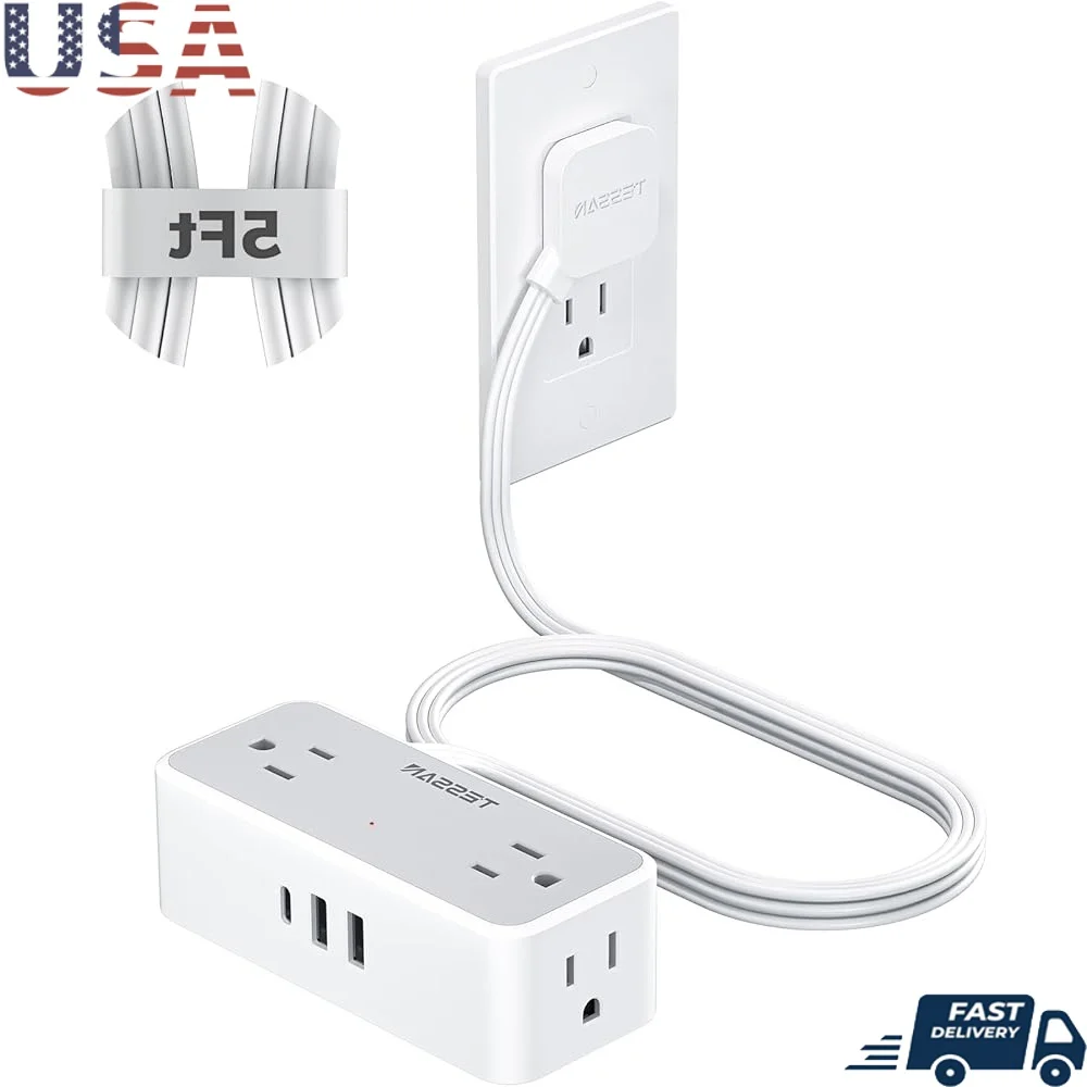 

Плоская вилка Удлинитель 5 футов Защита от перенапряжения Удлинитель 4AC Розетки 1USB C 2USB A 900J Защита джоймов Компактный дизайн