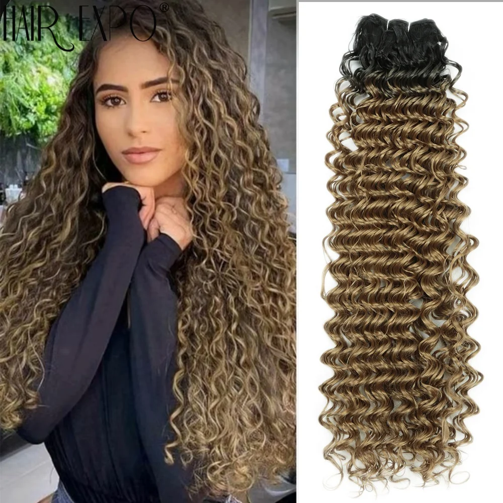 

Deep Wave Hair Bundles 24Inch Synthetic Curly Hair Weft Extensions Ombre Blonde Fake Hair Weave For Women High Quality Weaving