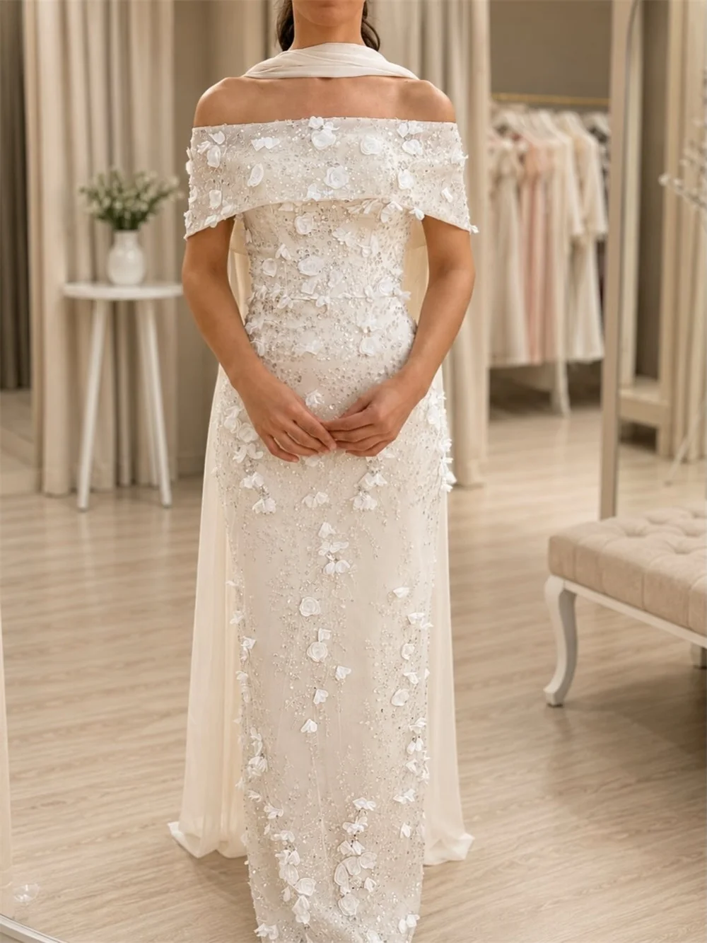 Tokyo 3D Floral Applique Wedding Bridal Gown Off Shoulder Beaded Sequin Evening Prom Dress Elegant Slim Engagement Party Skirt