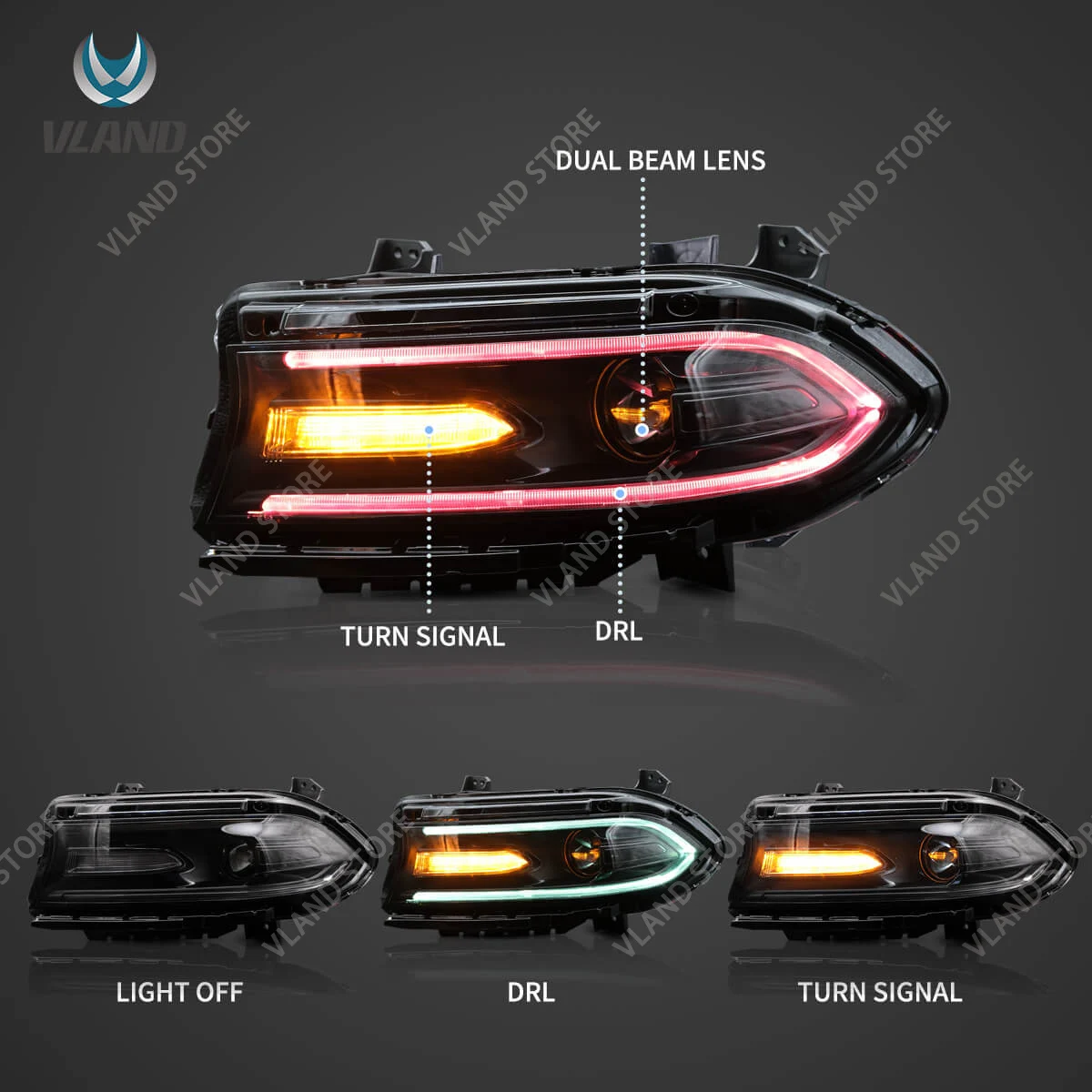 Vland Aftermarket RGB Color Changing DRL Dual Beam Projector Headlights Black Housing For 15-23 Charger 7th Gen LD Upgrade