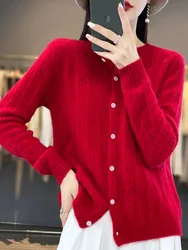 2024 Autumn Winter 100% Merino Wool Women’s Cardigans Hollow Out Knitwear Coat Sweater Clothing Basic Comfortable  Leisure Tops