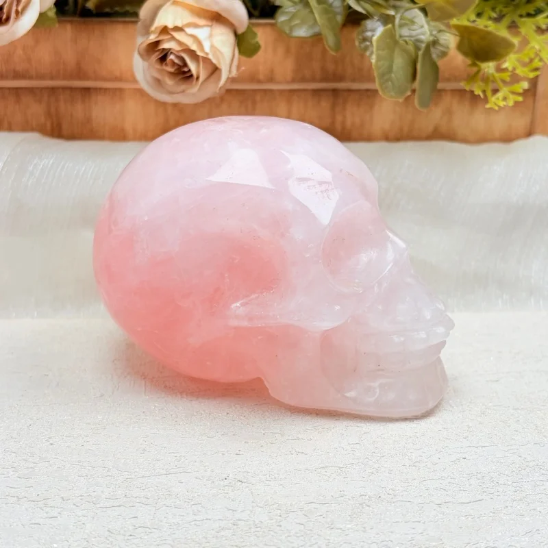 Natural Rose Quartz Skull with Random Texture Indoor Decorative Stone, Bohemian-Style Polished Ornament for Home