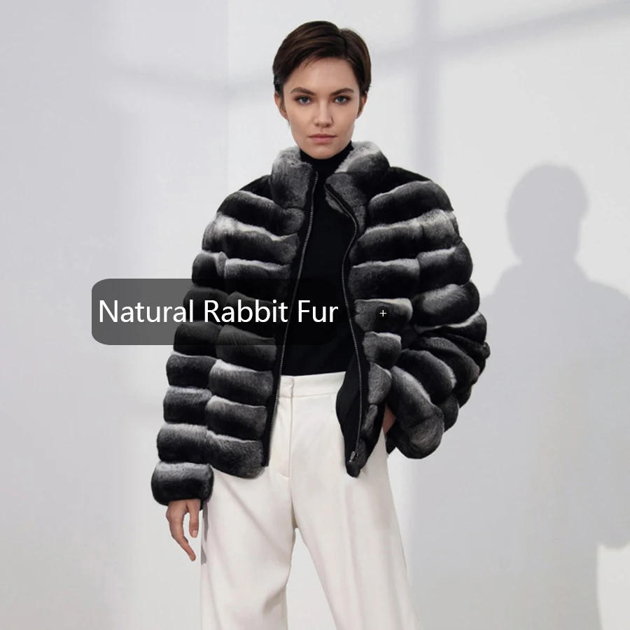 Real Rabbit Fur Jacket Chinchilla Rex Rabbit Fur Coats Womens Rabbit Coat Stand Collar 2024 New Outwears Women