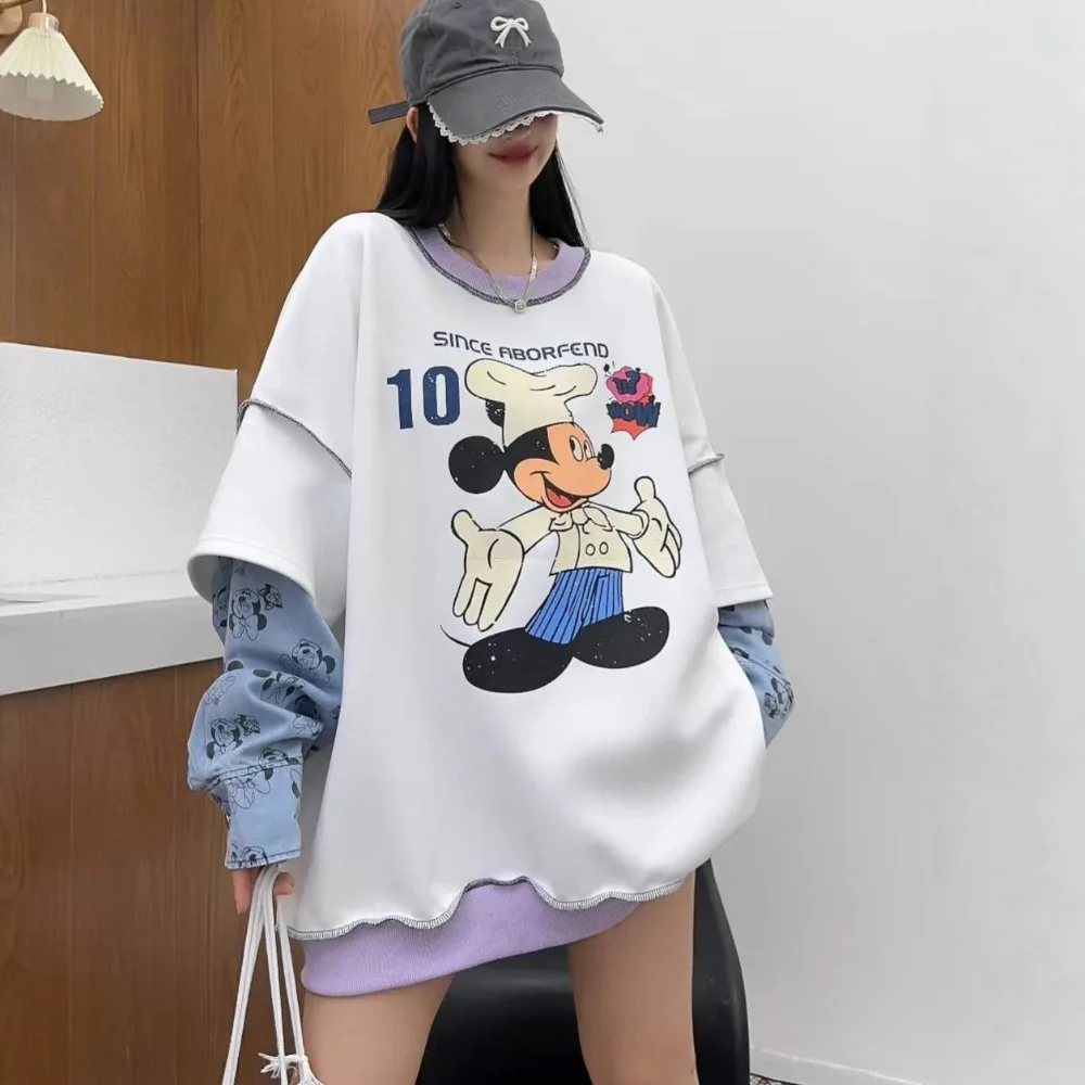 

Disney Fake Two-piece Long-sleeved Sweater Women's Autumn 2025 Mickey Print Design Sense Splicing Loose Plus Size Top