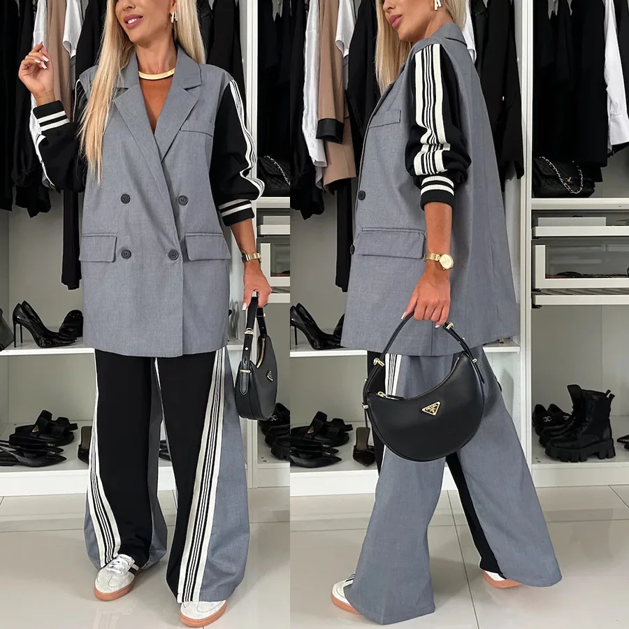 Long Sved Patchwork Double Breasted Suit Set Women's Fashion Ensemble Winter Collection Long Sleeve Long Pants Workwear