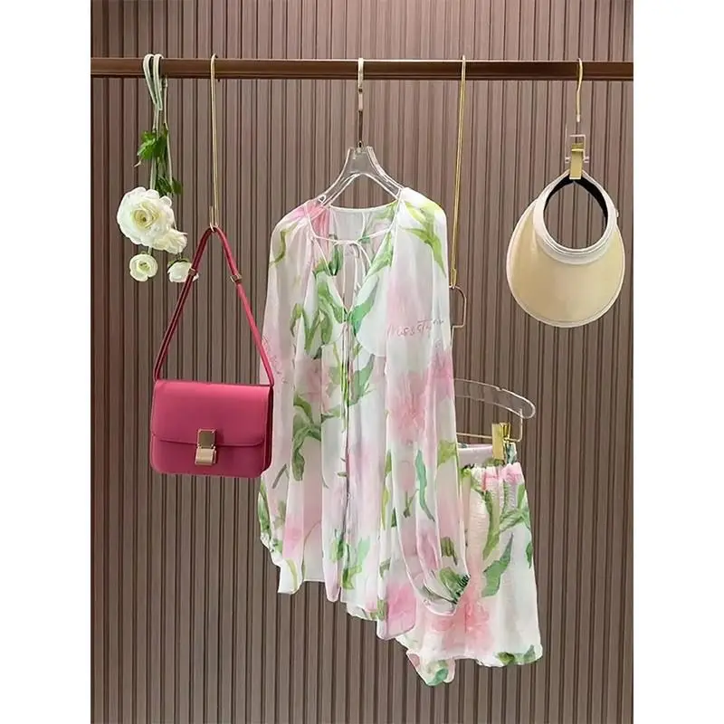 

Sweet Floral Long Sleeve Loose V-neck Shirts Women+ Y2k High Waist Loose Wide Leg Shorts 2025 Summer New Two Piece Sets