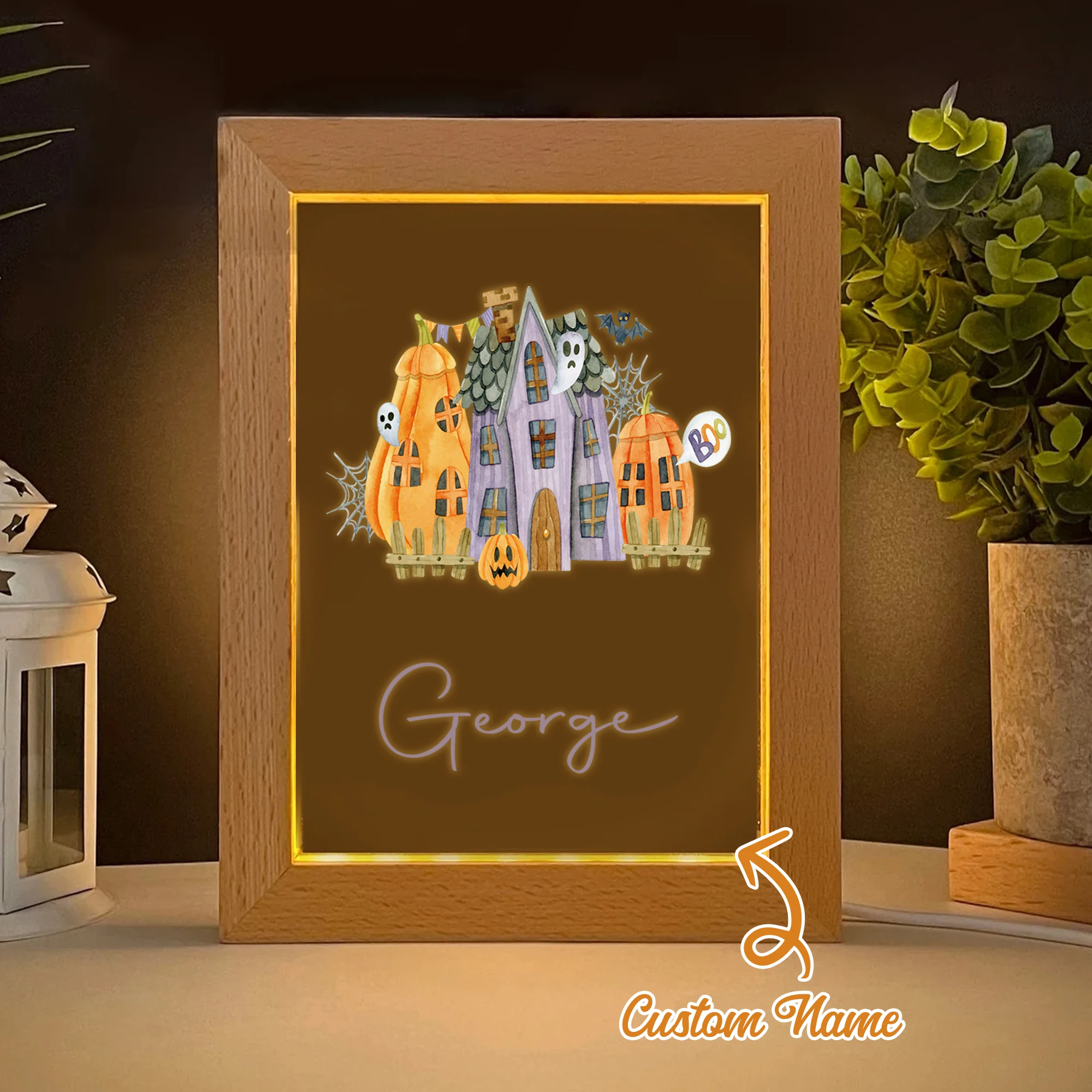 

2D Flat Custom Name Pumpkin Castle And Ghost LED Acrylic Night Light Wood Photo Frame 21x17cm Halloween Bedroom Gifts Home Decor