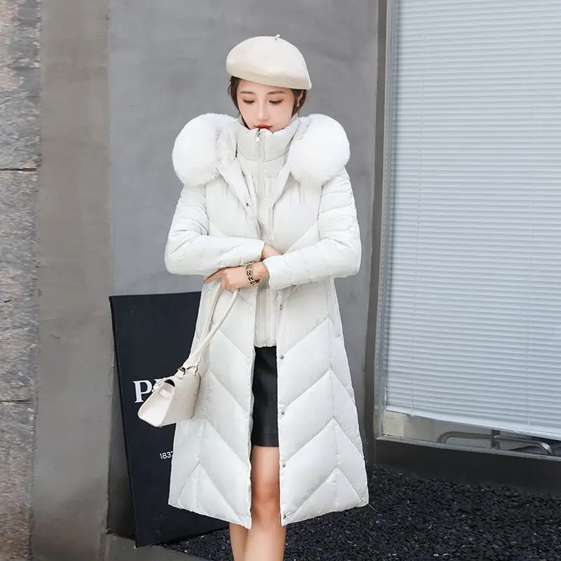 2023 New Women Down Cotton Coat Winter Jacket Female Mid Length Version Parkas Thick Warm Outwear Hooded Fur Collar Overcoat