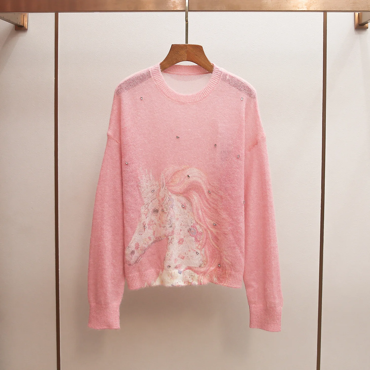

Pink round Neck Diamond Embellished Lazy Style Knitted Sweater Women's Premium Spring Fashion Small Print Knitwear