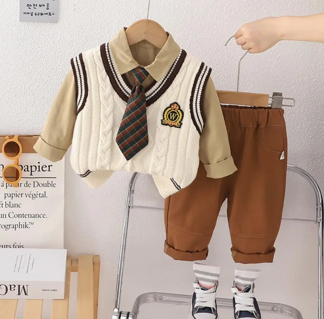 3PCS Boys Sweater Sets Spring Autumn Kids V-neck Preppy Knitted Vest+T-shirts+Pants Casual Toddler Outfits Infant Baby Clothing