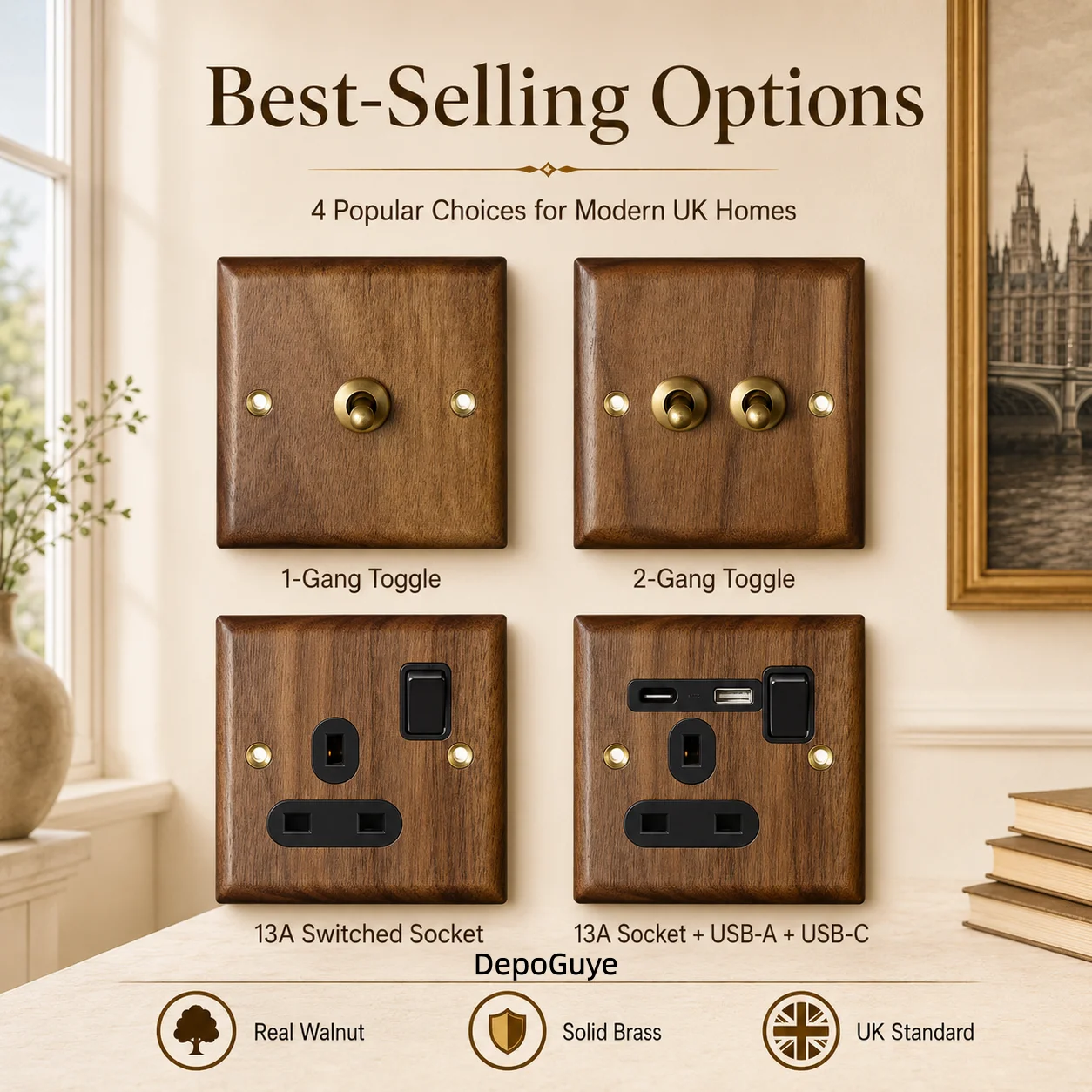 High Quality Retro Europe Type Vintage Wall Light Switch Socket, Solid Wood Brass Toggle Switch Plate, Antique Home Stay Switch