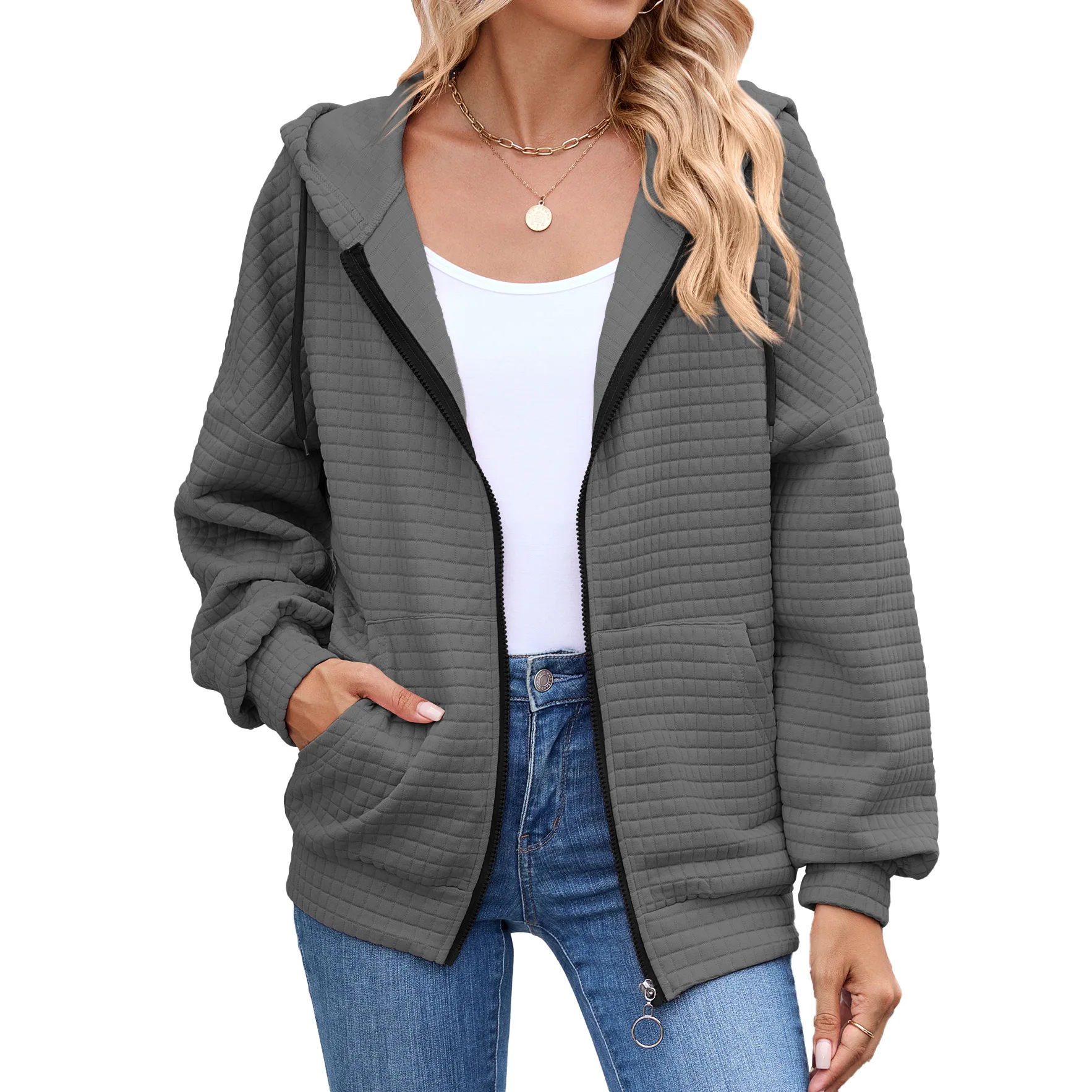 Women's Quilted Zip Up Hoodie Jacket Long Sleeve Loose Fit Textured Casual Coat with Pockets Autumn Outerwear