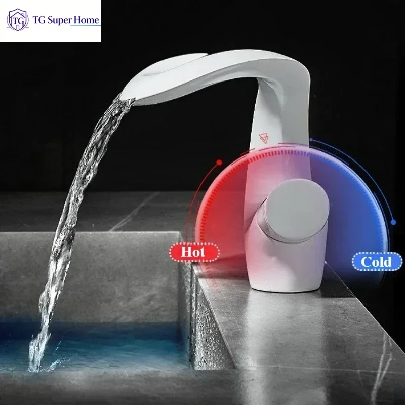 Waterfall Faucet Bathroom Basin Faucet Cold and Hot Brass Mixer Sink Taps White Black Torneira Banheiro Single Hole Deck Mounted