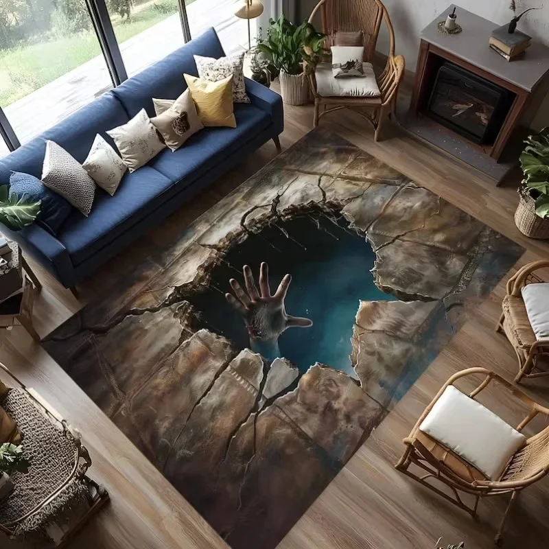VIKAMA Non-slip 3D Illusion Blue Crack Rug for Living Room Bedroom Decor