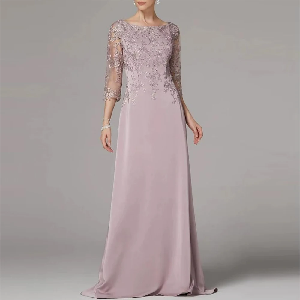 

Customized Fashion Elegant A-line Prom Gown Square Neck Chiffon 3/4 Sleeve Sequins Appliques Sweep Train Wedding Party Dresses