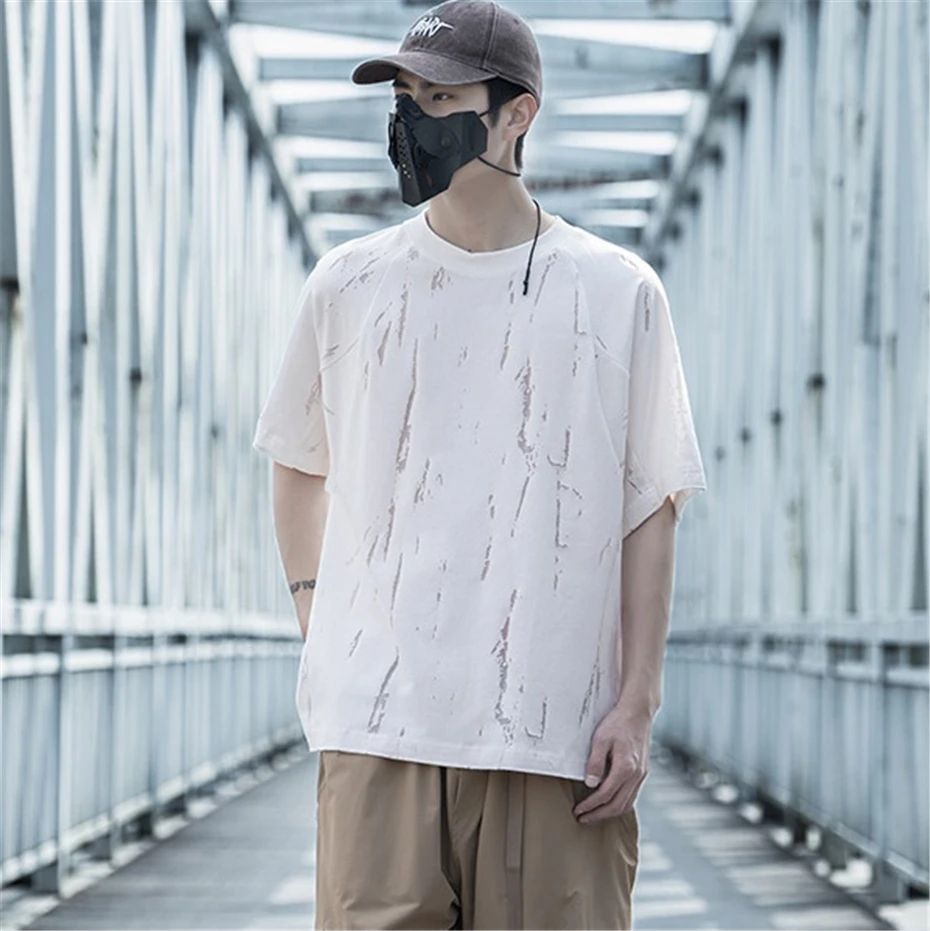 

Tactical Mens Ripped Hole Tees Tops Streetwear Hip Hop Short Sleeve T-Shirts Oversized Harajuku Print Casual TShirt Unisex