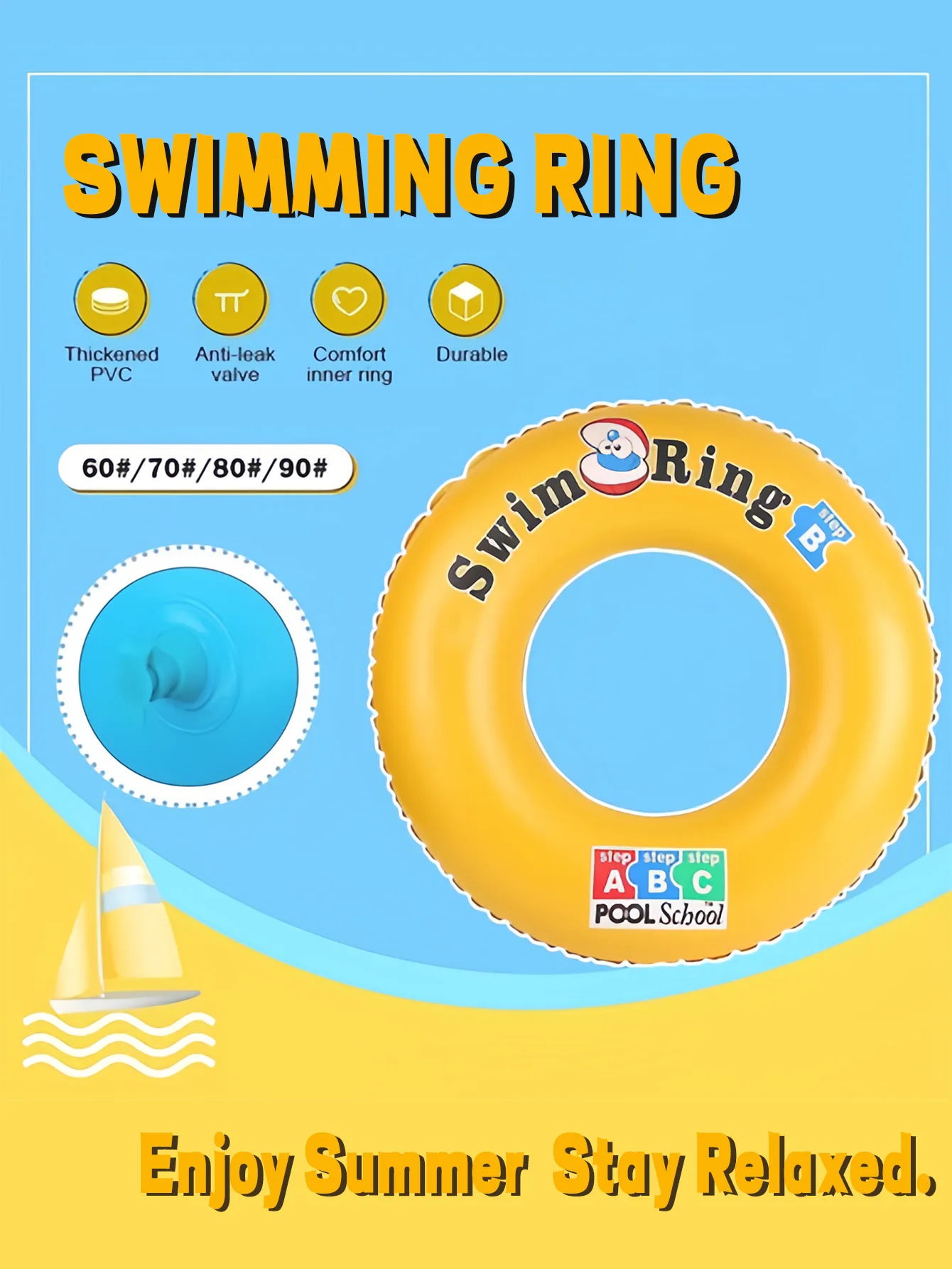 Nieuwe grensoverschrijdende populaire ABC gele zwemring met handvatten, schattige oksel drijvende ring, verdikte PVC zwembadvlotter,