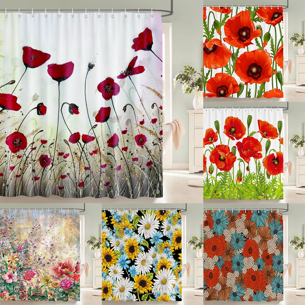 

1 pcs Colorful Floral printed shower curtain polyester fabric partition bathroom curtain with hooks home decorative curtain