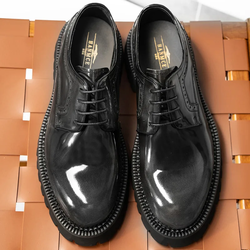 Spring and Autumn Korean Style Men's Shoes, Large Toe Leather ,Genuine Leather Round  British Casual Thick-Soled Patent