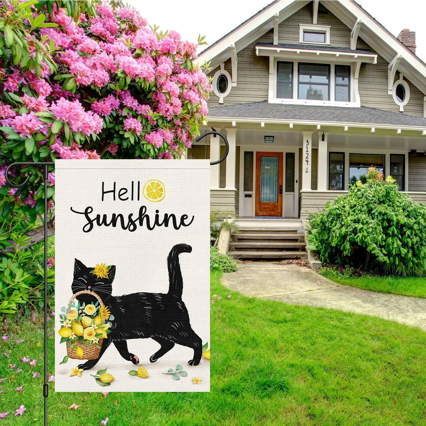 Louise Maelys Welcome Spring Summer Garden Flag 12x18 Double Sided, Burlap Small Hello Sunshine Black Cat Lemon Garden Yard Hous