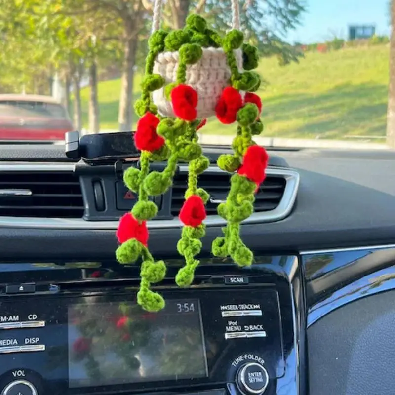 Crochet Rearview Mirror Accessories Auto Cute Crochet Plant Aesthetic Car Charm Decorations Handmade Rear View Mirror Pendant