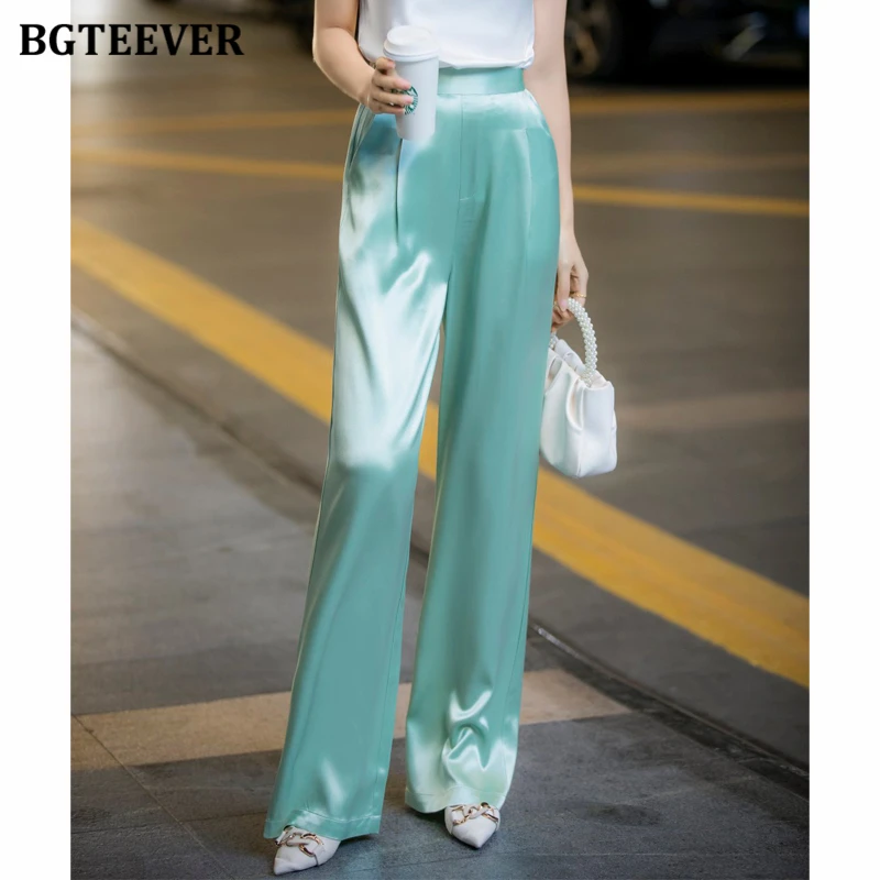 BGTEEVER Elegant Loose High Waist Satin Pants for Women Stylish Summer Long Pants Ladies Wide Leg Trousers Female