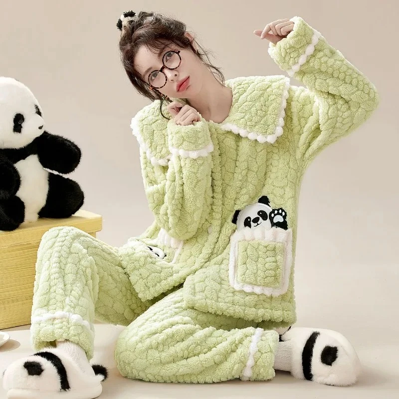 Girls Cute Panda Lady Coral Velvet Cartoon Pajama Set Plus Size Flannel Sleepwear Autumn Winter Women Loungewear Suit Famale